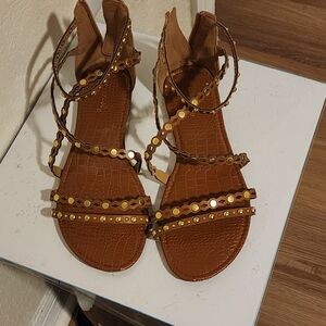 Brown Strappy Sandals with Gold Accents